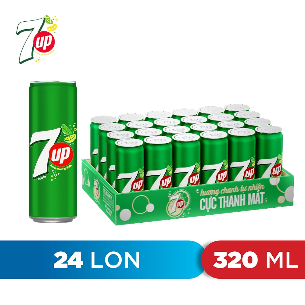 Thùng 24 Lon Nước Ngọt Có Gaz 7Up lon xanh (320ml/lon)