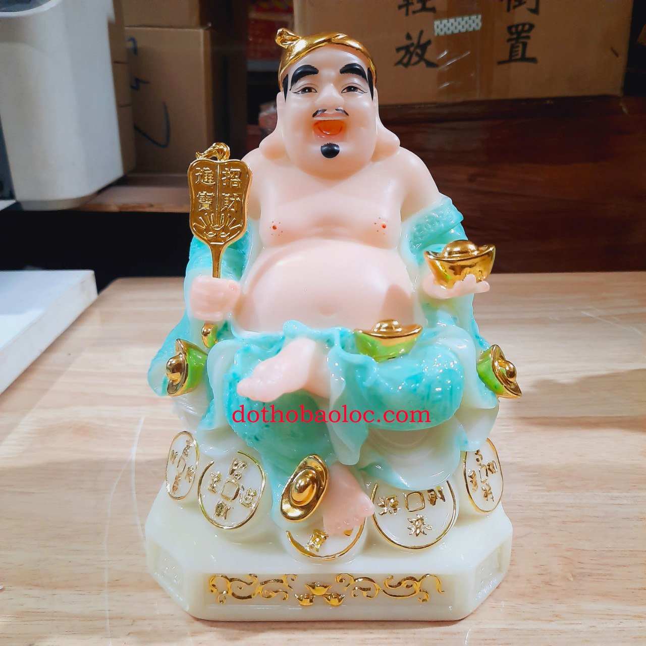 Tượng Thần Tài Thổ Địa bằng đá cao cấp nhập khẩu màu xanh ngọc cao 20cm