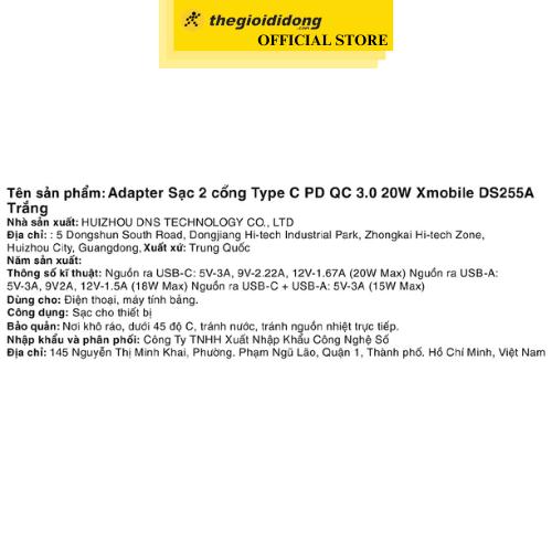 Adapter Sạc 2 cổng Type C PD QC 3.0 20W Xmobile DS255A - Hàng Nhập Khẩu