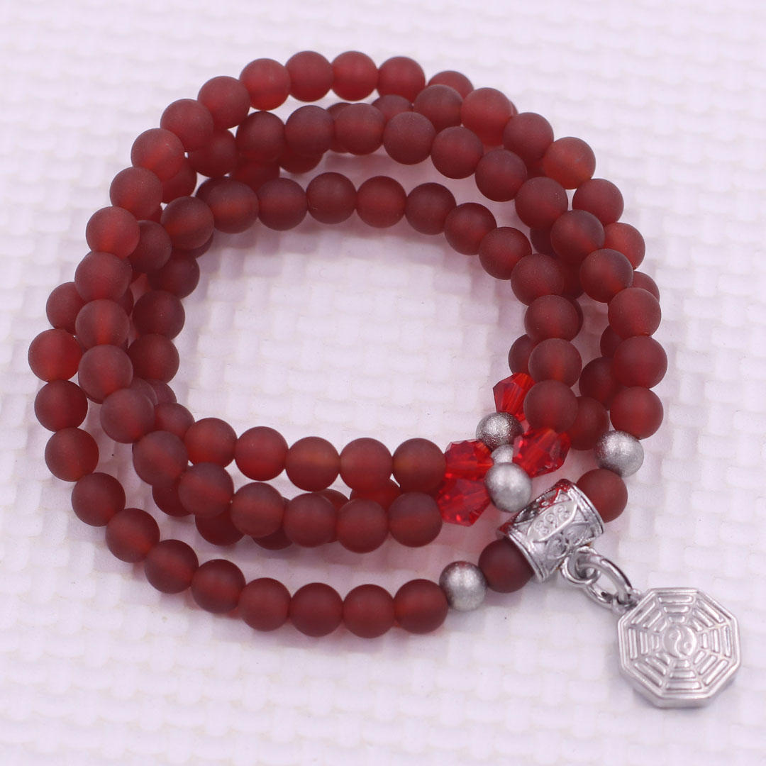 Vòng chuỗi 108 hạt đá thạch anh đỏ mờ 6 ly charm bát quái inox - vòng chuỗi niệm Phật, vòng tay chuỗi hạt