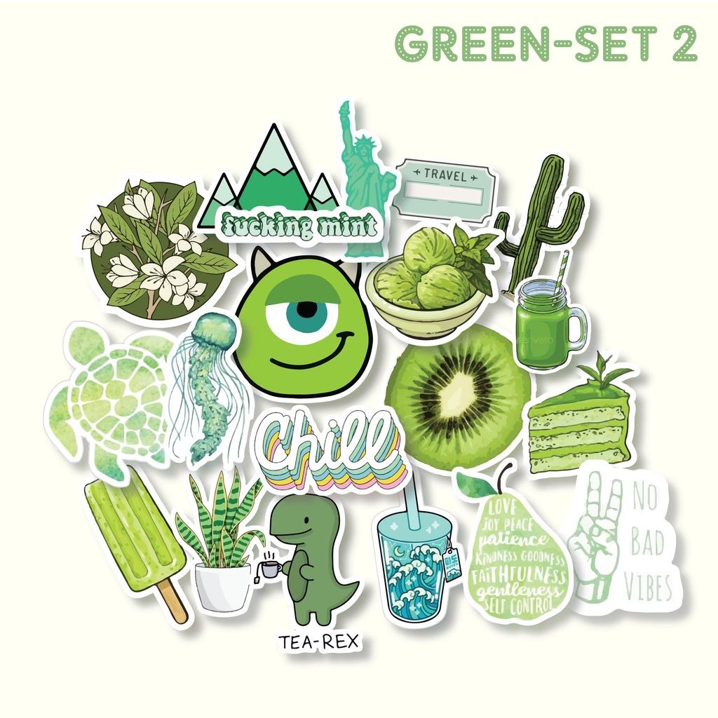 Bộ 20 sticker chống nước Green tone trang trí mũ bảo hiểm, đàn, guitar, ukulele, điện thoại laptop