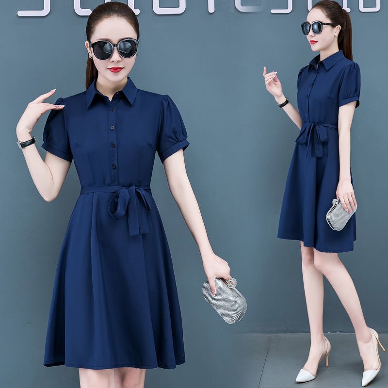 Đầm suông cổ sơ mi phối cúc, đầm trơn thắt eo tôn dáng, thời trang công sở, đi tiệc AH34