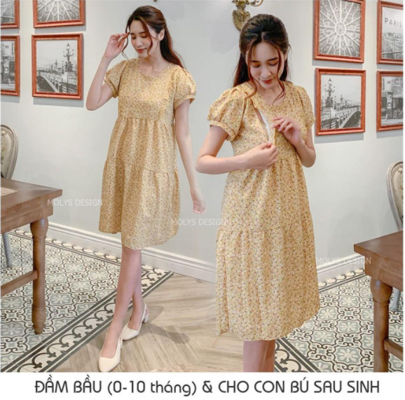 Đầm bầu kết hợp cho con bú sau sinh dáng babydoll ba tầng hoa nhí bèo ngực MOLYS VM6644 cúc điều chỉnh mặc hết thai kỳ