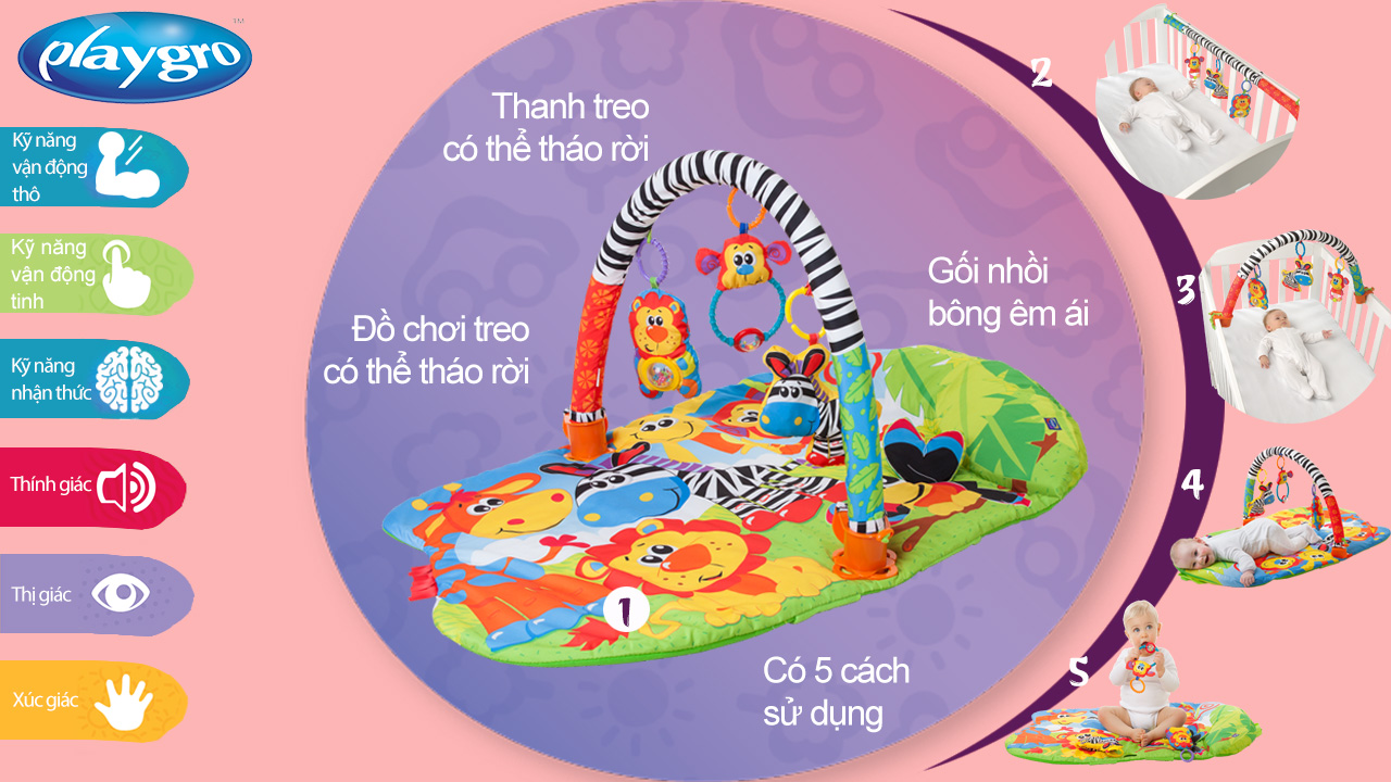 Thảm chơi thú hoang dã Playgro 5 in 1 Safari Super Gym, cho bé sơ sinh đến 24 tháng