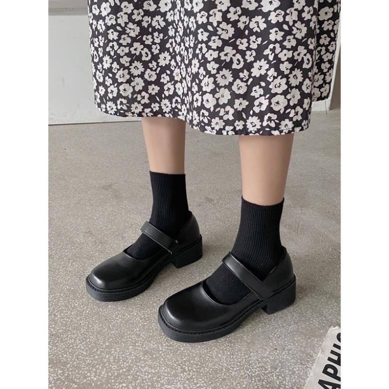 Giầy hàng chất lượng cao Giày Mary Jane gót vuông quai dán 2 màu đen trắng