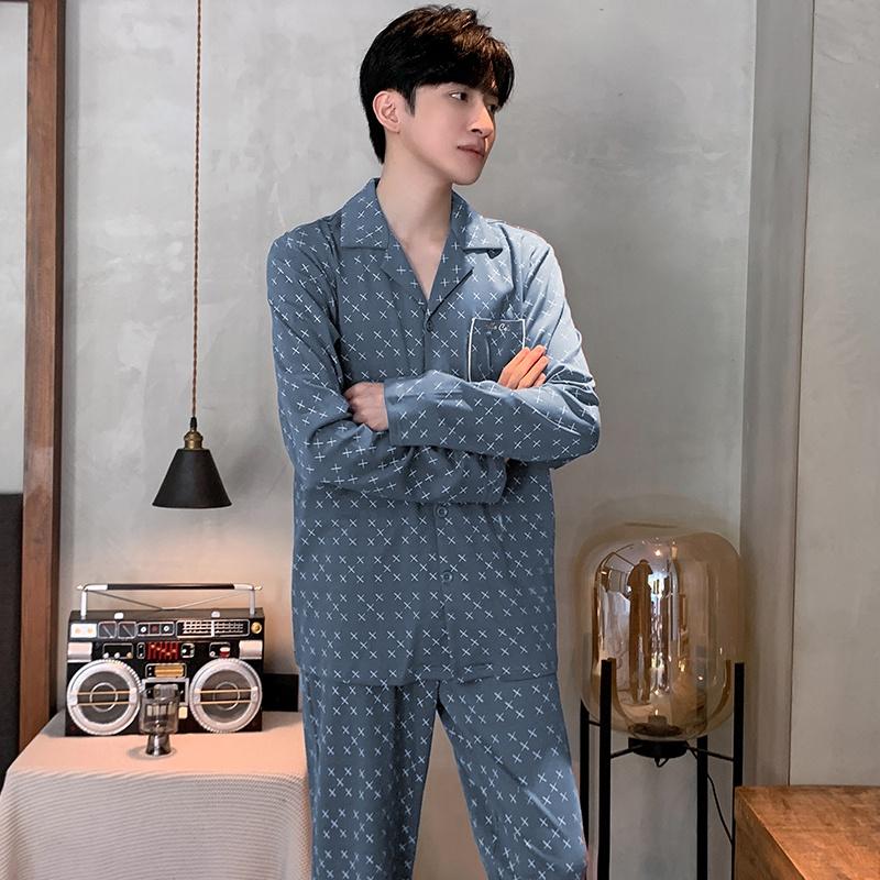 3678 - Bộ Pijama dài tay cao cấp, họa tiết chữ X nhí cùng tông xanh nam tính, size L-3XL