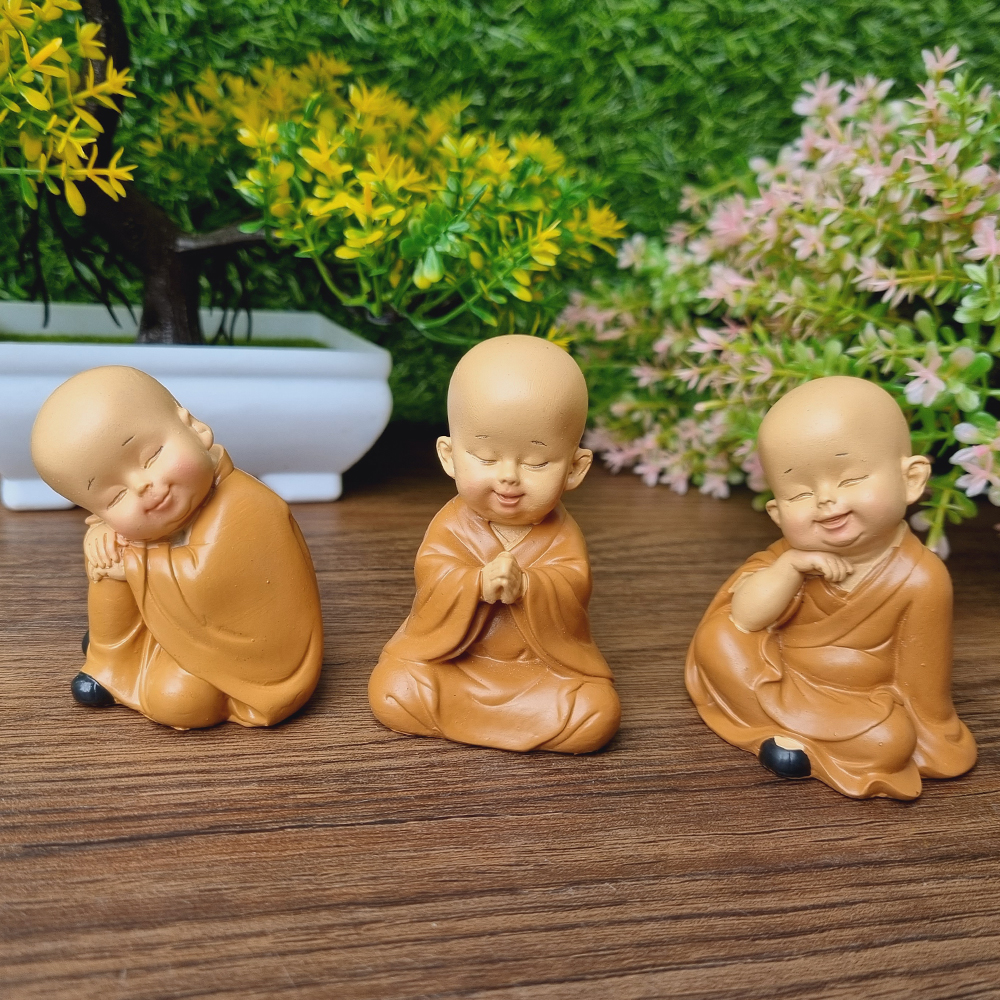 Bộ 03 chú tiểu áo nâu - mẫu ngồi an nhiên size mini 7cm