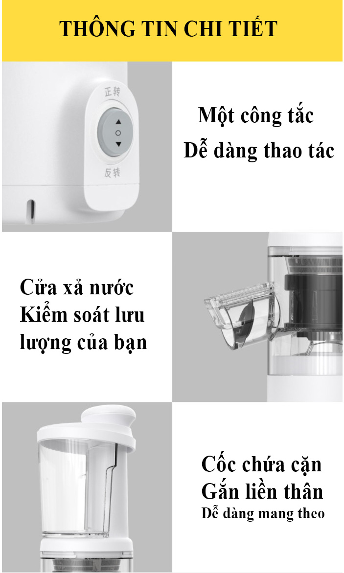 Máy Ép Chậm trái cây mini BUD BJ08 cơ chế hai kênh, tách rời bã cặn riêng biệt, tốc độ 60 vòng/phút