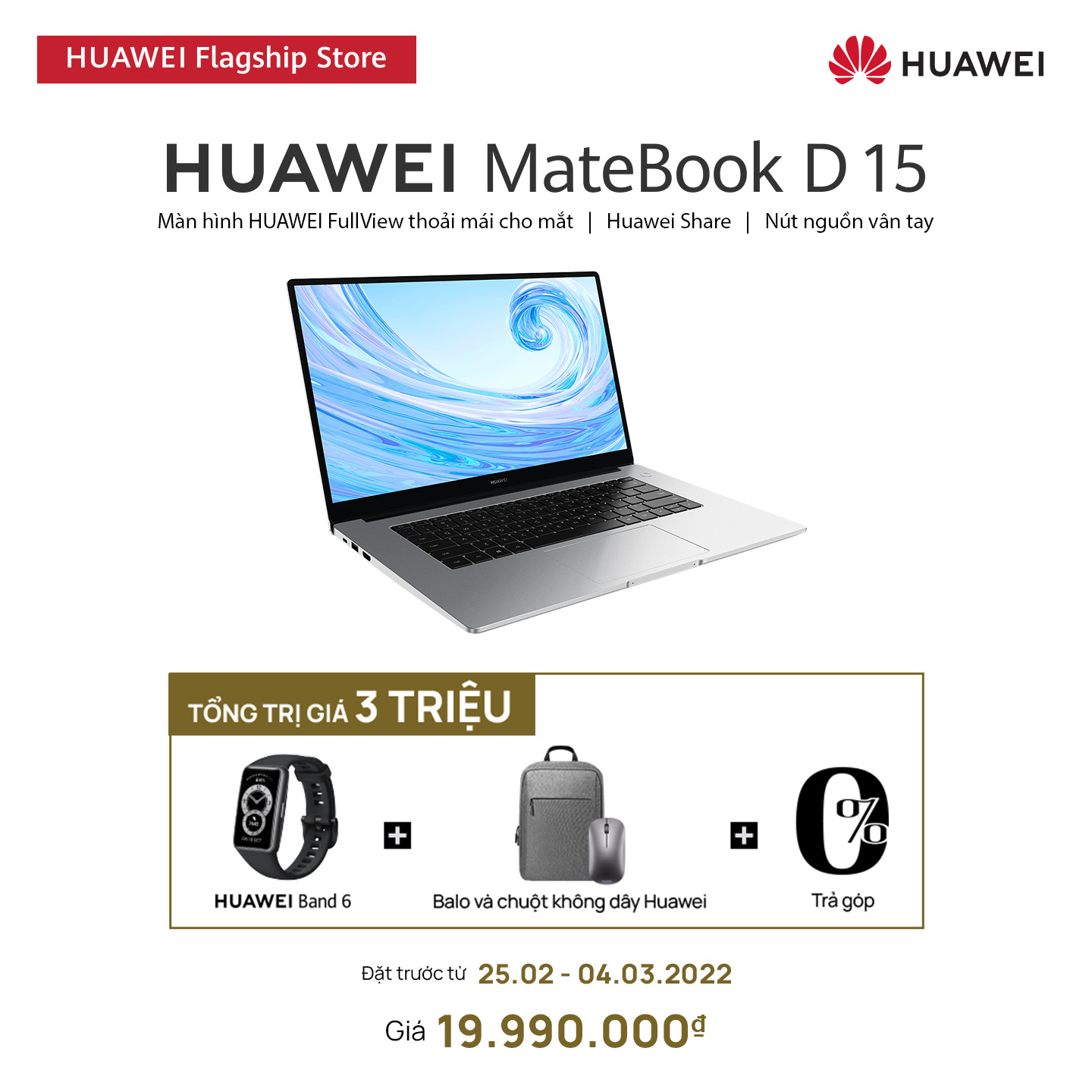 Máy Tính Xách Tay HUAWEI MateBook D 15 (8GB/512GBGB) | Intel Core i5 Thế Hệ Thứ 11| Màn Hình HUAWEI Fullview | Huawei Share | Nút Nguồn Vân Tay | Hàng Chính Hãng