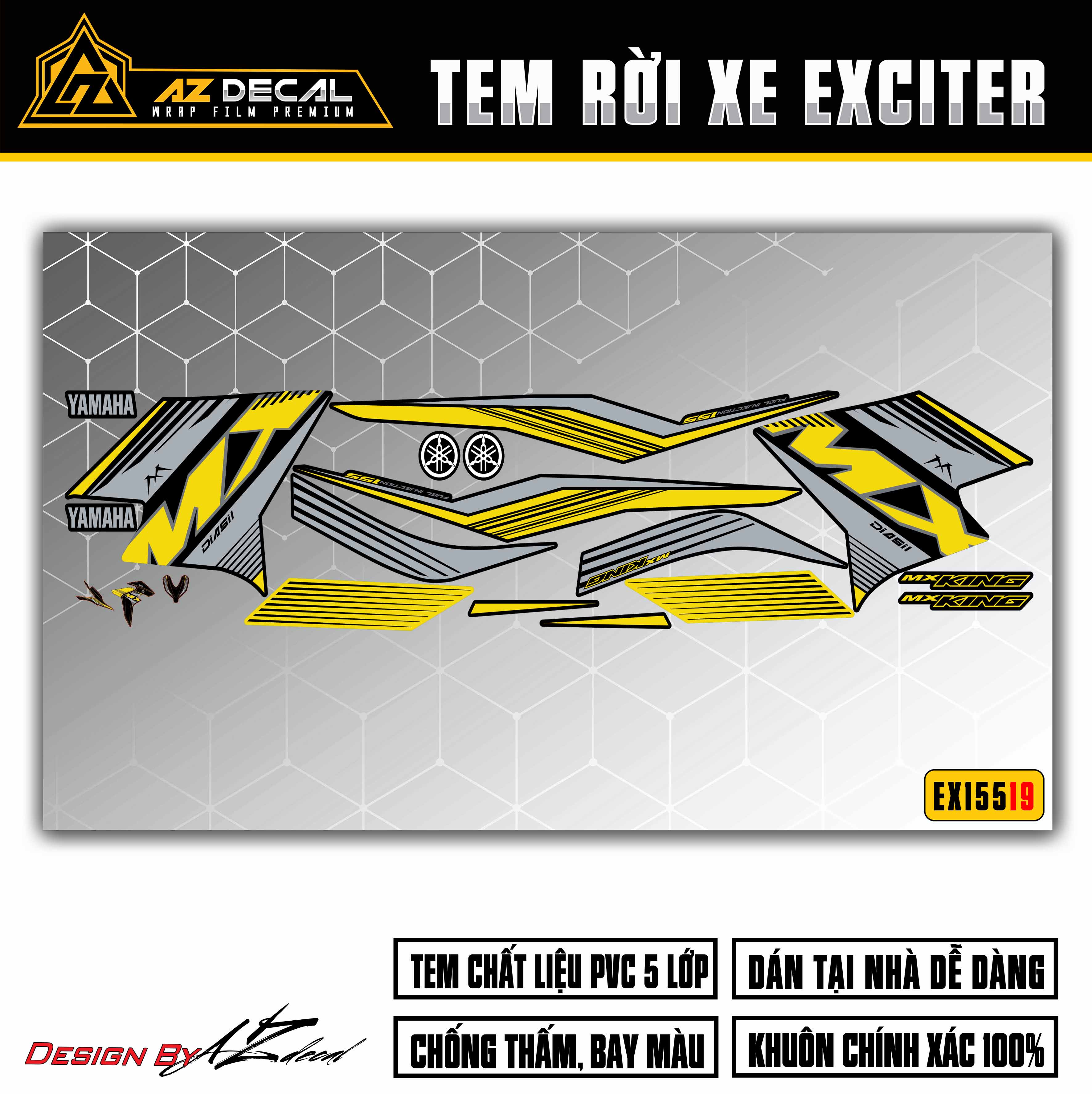 Decal Xe Exciter 155 VVA Mẫu MX King | EX15519 | Tem Rời Ex155 Dán Xe Đen, Đỏ, Xanh GP, Trắng