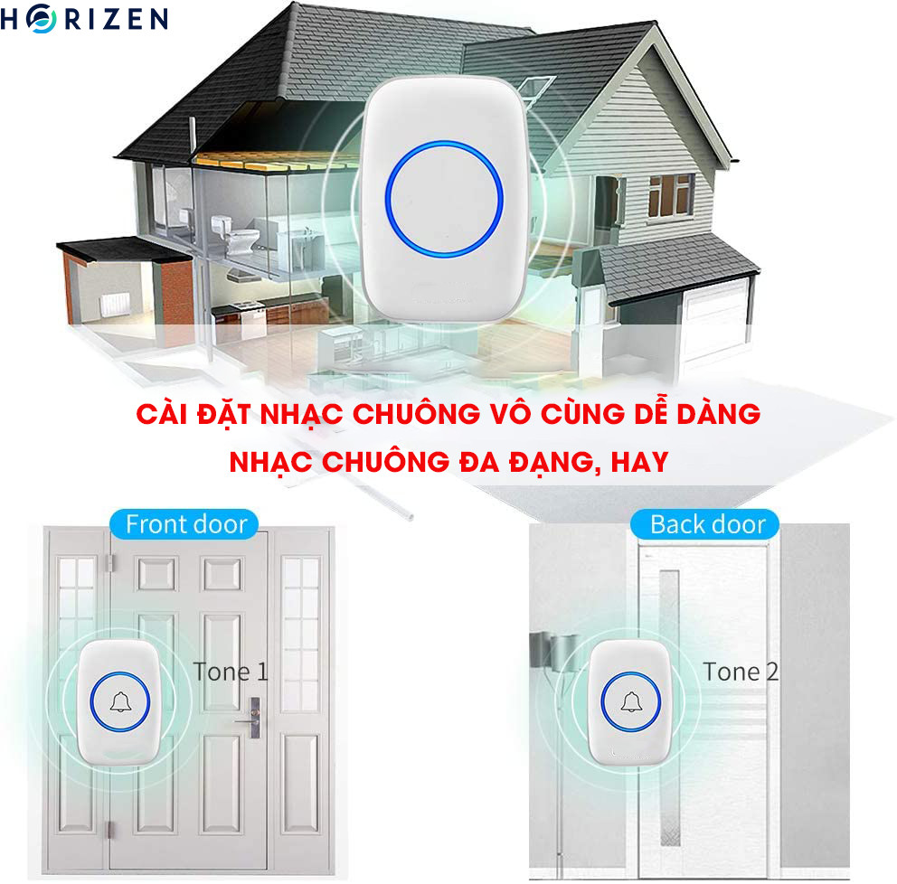 Chuông cửa không dây thông minh Horizen CH-01, chống nước khoảng cách sử dụng trong 300M, 60 loại nhạc chông hay