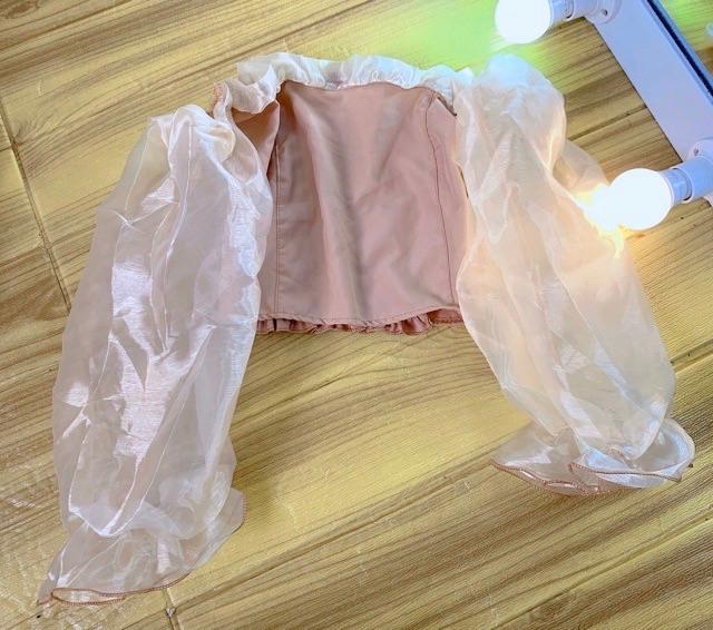 Áo bẹt vai corptop phối lưới tay phồng bo eo