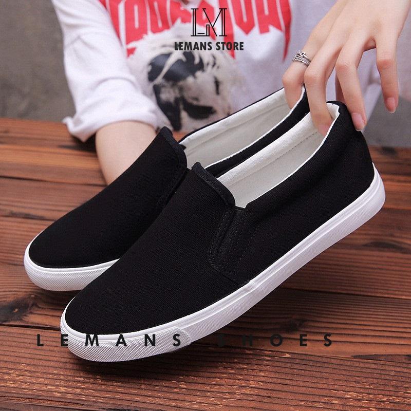 Giày lười vải nam slip-on LEMANS, mũ vải thô canvas 2 màu ĐEN &amp; GHI XÁM, đế cao su, bảo hành 06 Tháng