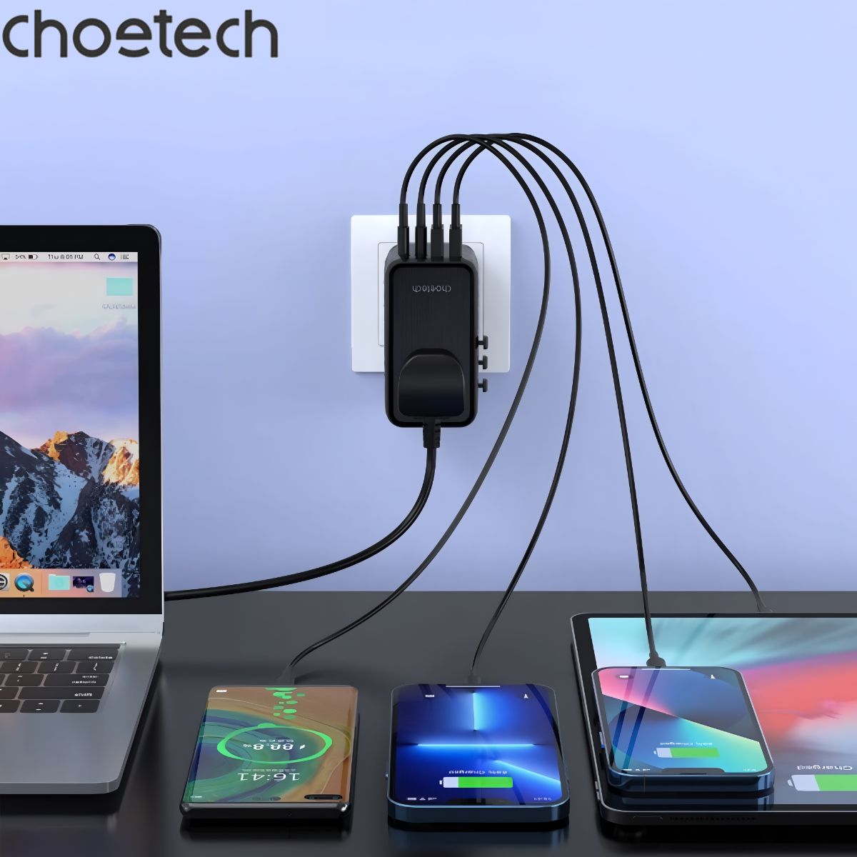 Củ sạc du lịch đa năng Gan 100W Choetech PD6028 (2 USB C+ 2 USB A)- Hàng chính hãng