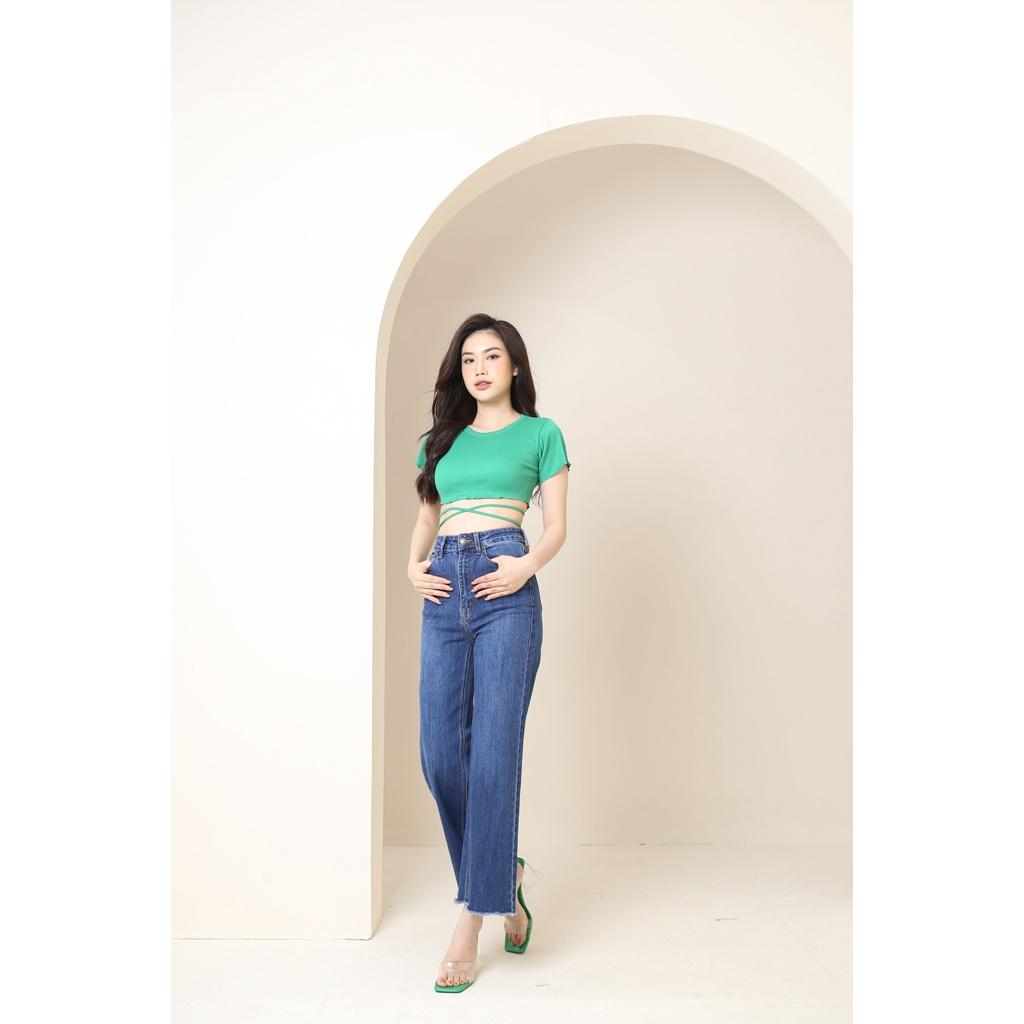 Quần Jean Nữ Ống Rộng Lưng Cao Trơn Gấu Tua Rua CT Jeans