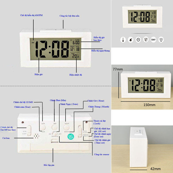 Đồng hồ báo thức cảm biến phát sáng trong đêm v4