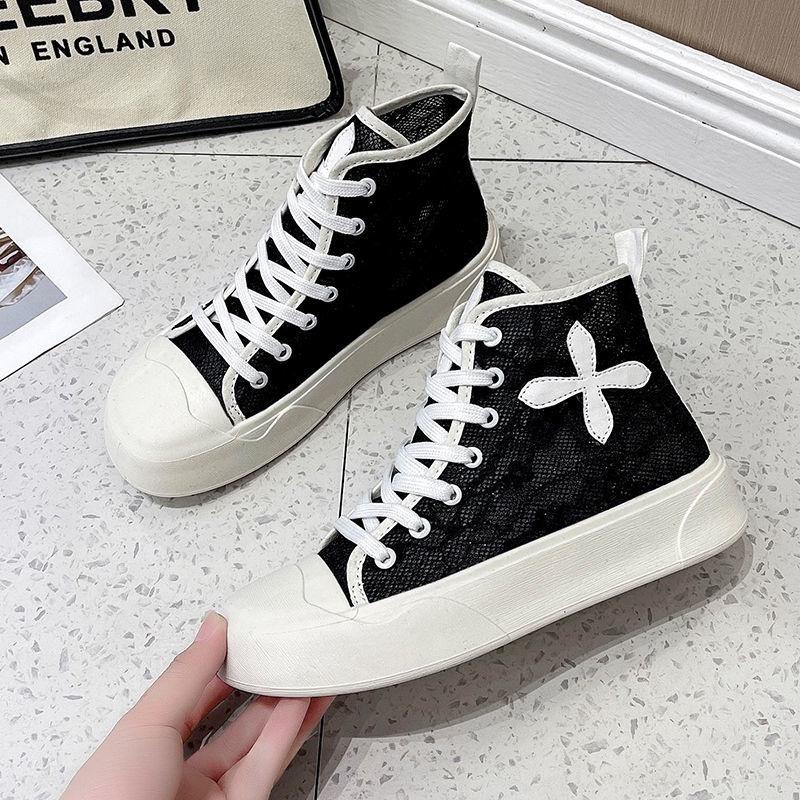 High-top shoes women's summer thick-soled net surface breathable lace thin short boots leisure sports canvas shoes in spring and autumn