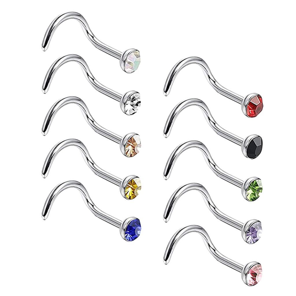 10pcs Nose Studs Rings Rhinestone Stainless Steel Body Piercing Rings