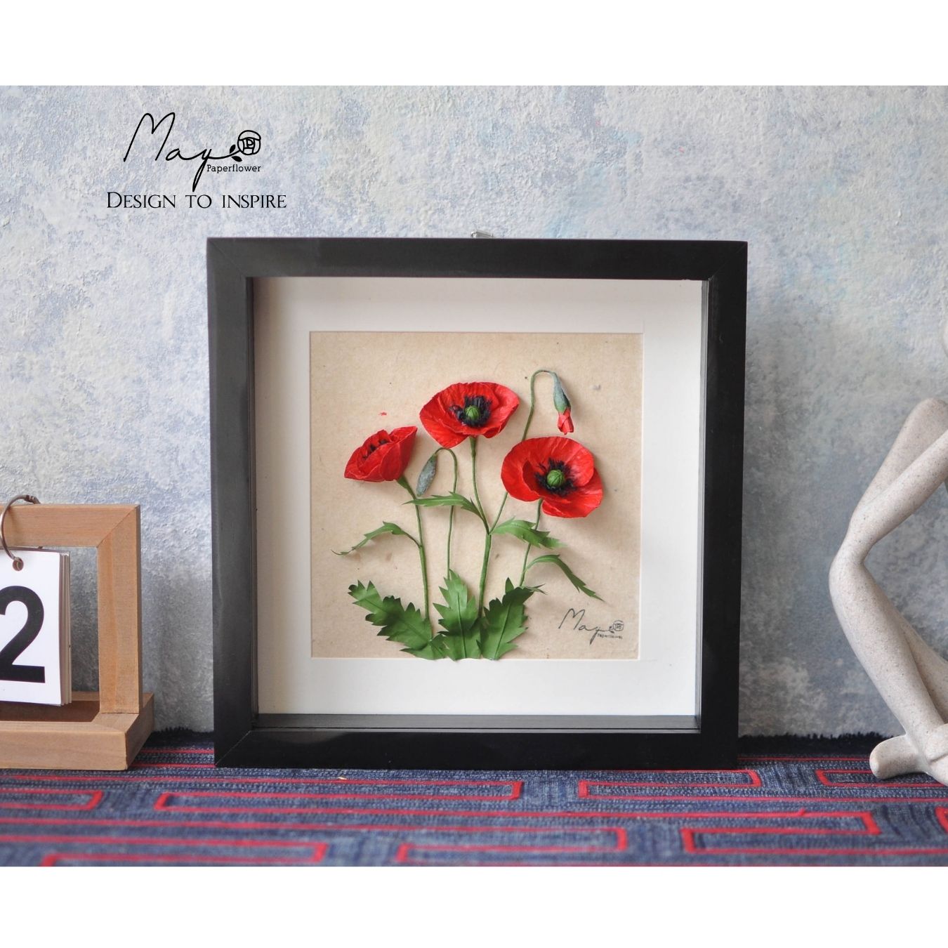 Tranh Hoa Giấy Handmade Trang Trí - Hoa Poppy Kết Hợp Giấy Dó MAYPAPERFLOWER Khung Tranh Gỗ Size 25x25cm