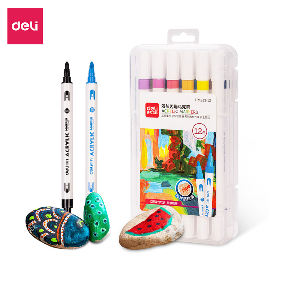 Bút Sơn Acrylic Marker 2 Đầu Cao Cấp Deli - Kèm Hộp Nhựa - 12/24/36/48 Màu Đậm, Đều - Tô Màu Đi Nét DIY Vẽ Giày Quần Áo