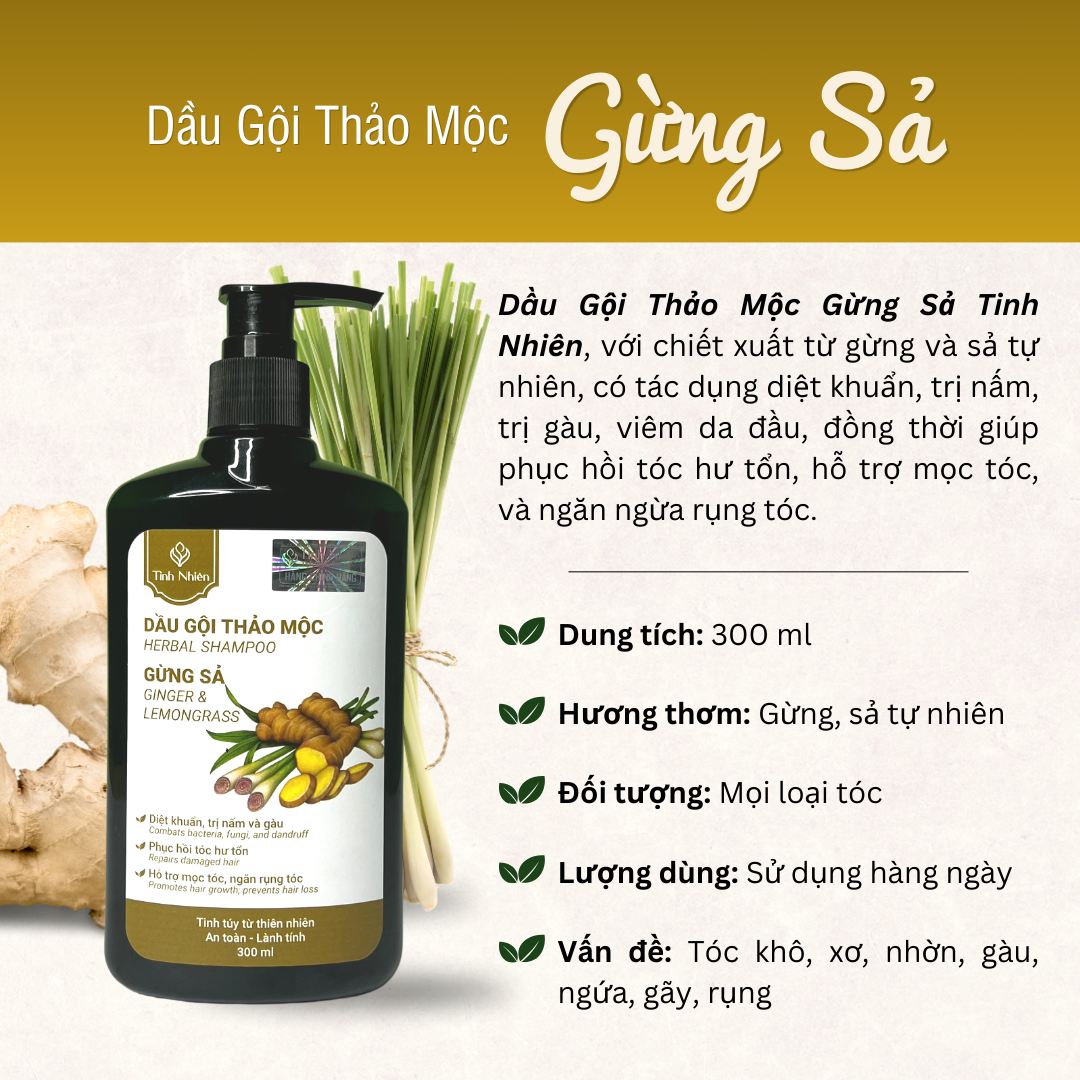 Dầu Gội Thảo Mộc Gừng Sả Tinh Nhiên 300 ml ngăn ngừa gàu ngứa, giúp tóc suôn mượt