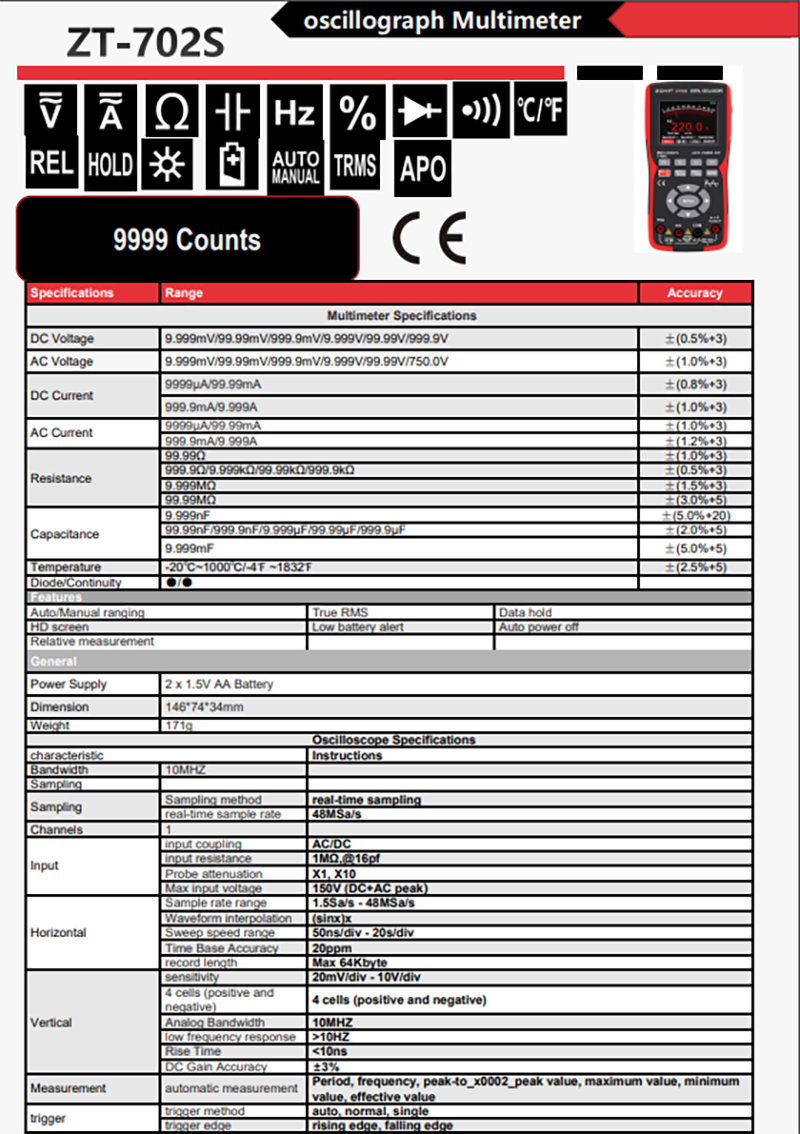 Đồng hồ đo điện kết hợp đo sóng ZT-702S máy hiện sóng đồng hồ đo điện, đo sóng, màn hình IPS 2,8 inch, băng thông 10 MHZ, tốc độ lấy mẫu thời gian thực 48MSa/s, số đếm 9999, dành cho giáo dục phổ thông, bảo dưỡng ô tô, phát hiện điện, và sửa chữa tinh vi