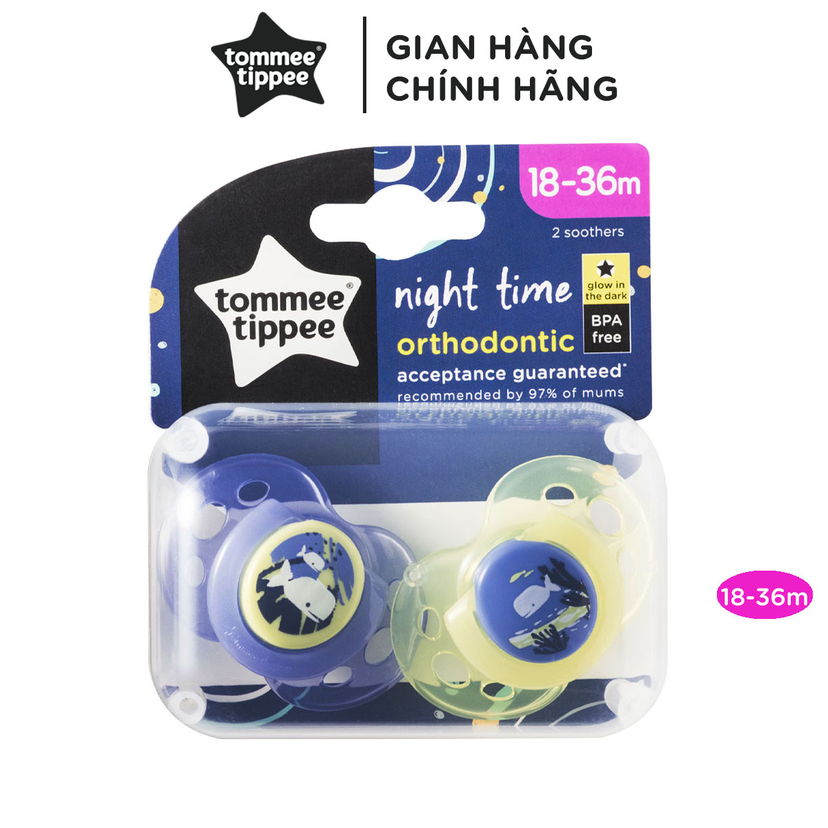 Ty ngậm dạ quang cho bé Tommee Tippee Night Time 18-36 tháng (vỉ đôi) - Cá Voi