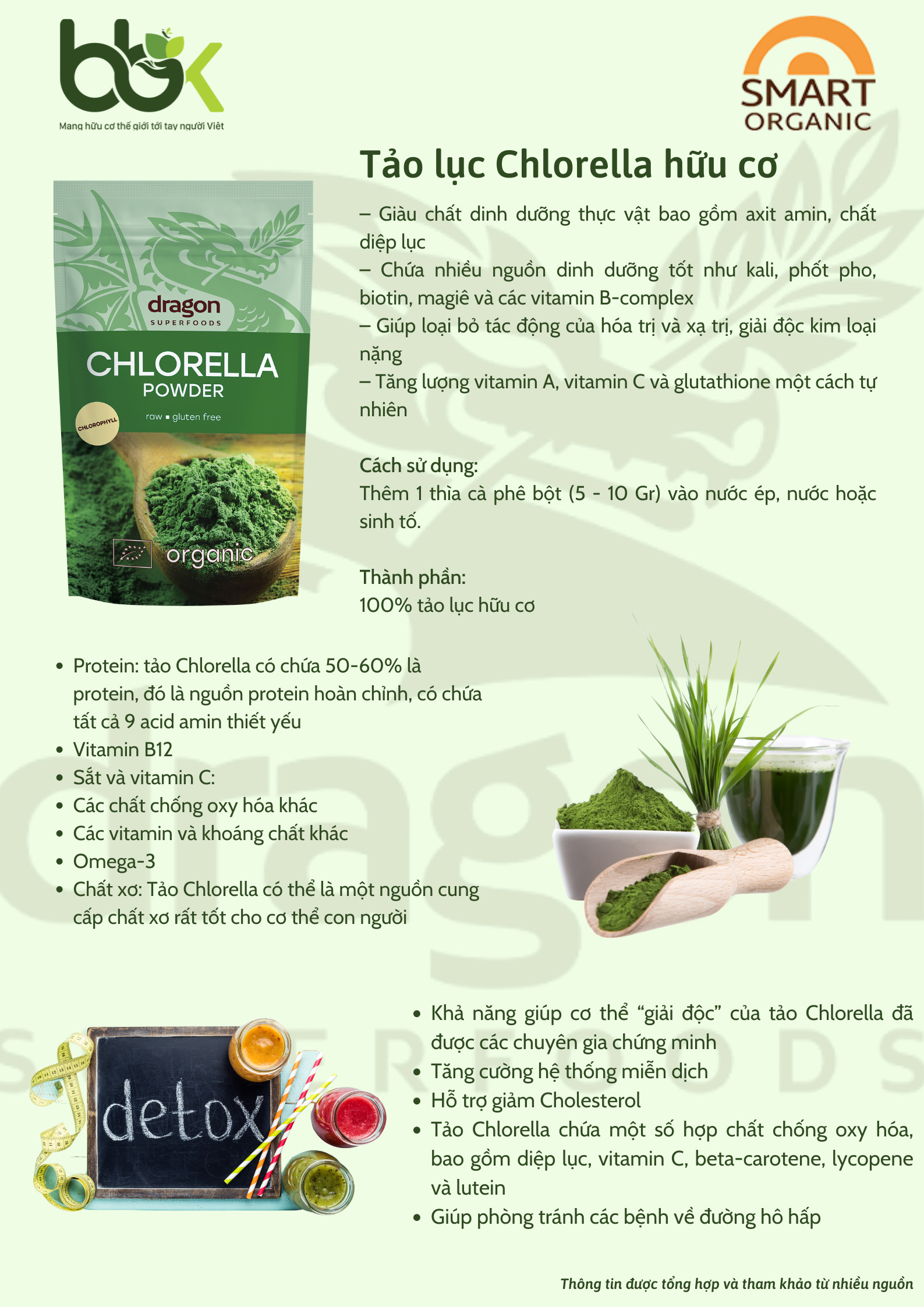 Bột tảo lục Chlorella hữu cơ Dragon Superfoods 200gr