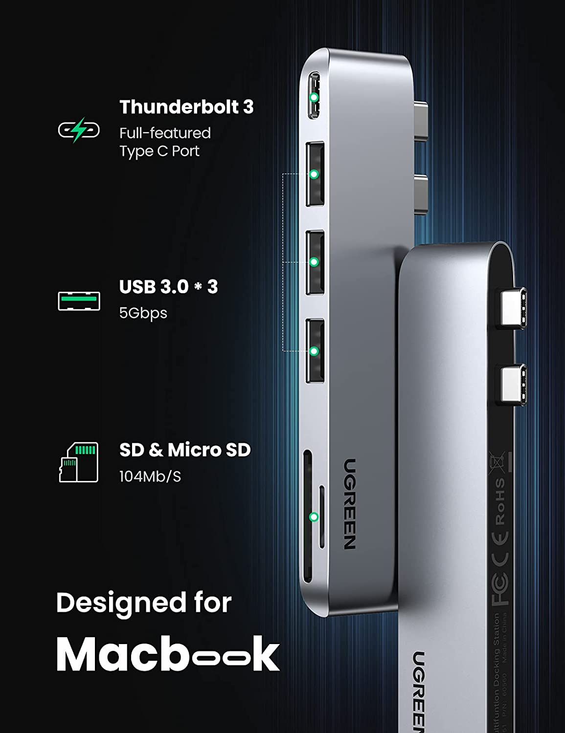 Bộ chuyển đổi đa năng UGREEN 60560 hỗ trợ 2 cổng USB Type C sang 3x Hub USB 3.0 + SD,TF + nguồn PD - Hàng nhập khẩu chính hãng