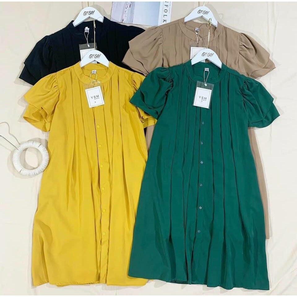 Đầm bầu dáng xuông sơ mi hàng cúc thật M132 vải cát hàn thời trang thiết kế Mom and Baby