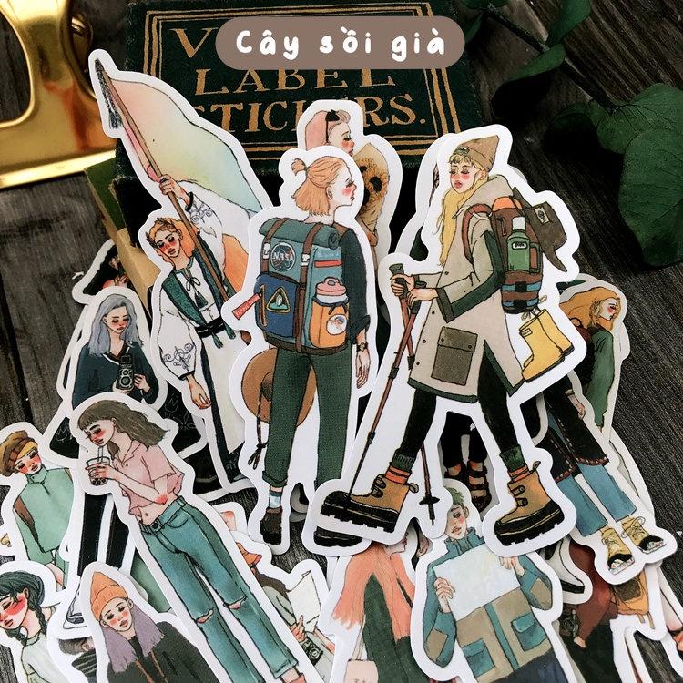 S101 - Set 15 stickers giấy cô gái du hành Travel Girl vintage cổ điển trang trí sổ bullet journal, junk journal