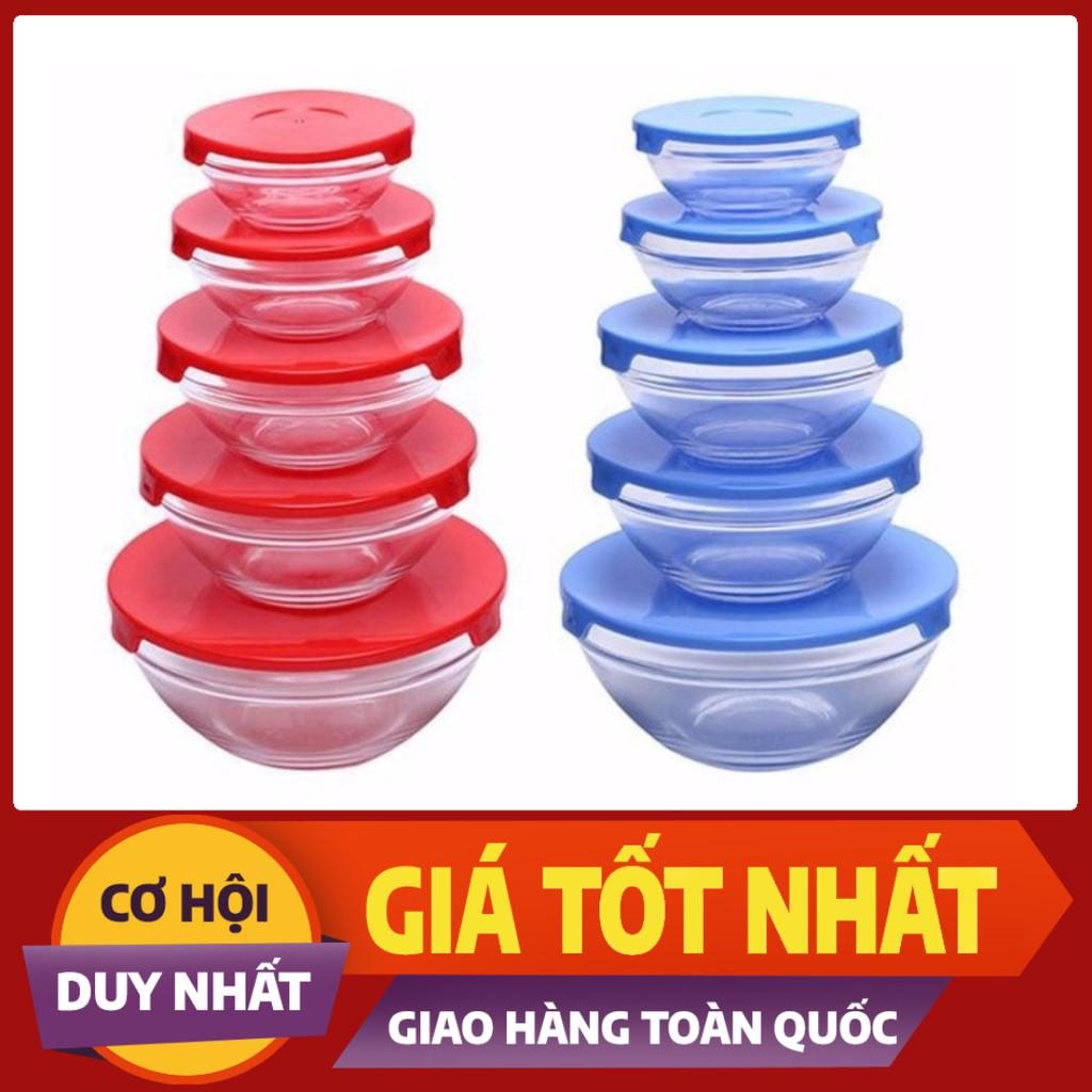 Bộ 5 Bát Thủy Tinh Trơn Cường Lực Chịu Nhiệt Tốt Có Nắp Đậy Nhựa Tiện Dụng