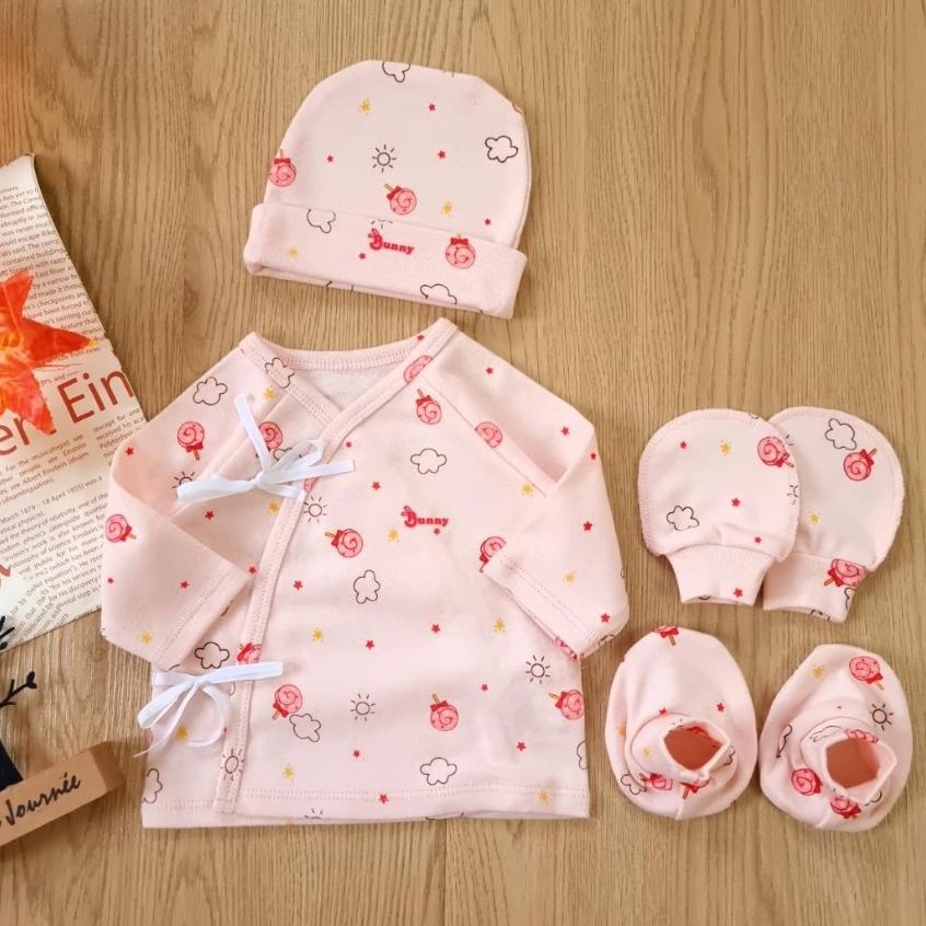 [Dưới 6kg] Set Áo Cột Dây Kèm Nón, Bao Tay Bao Chân Sơ Sinh Cho Bé - BunnyBaby