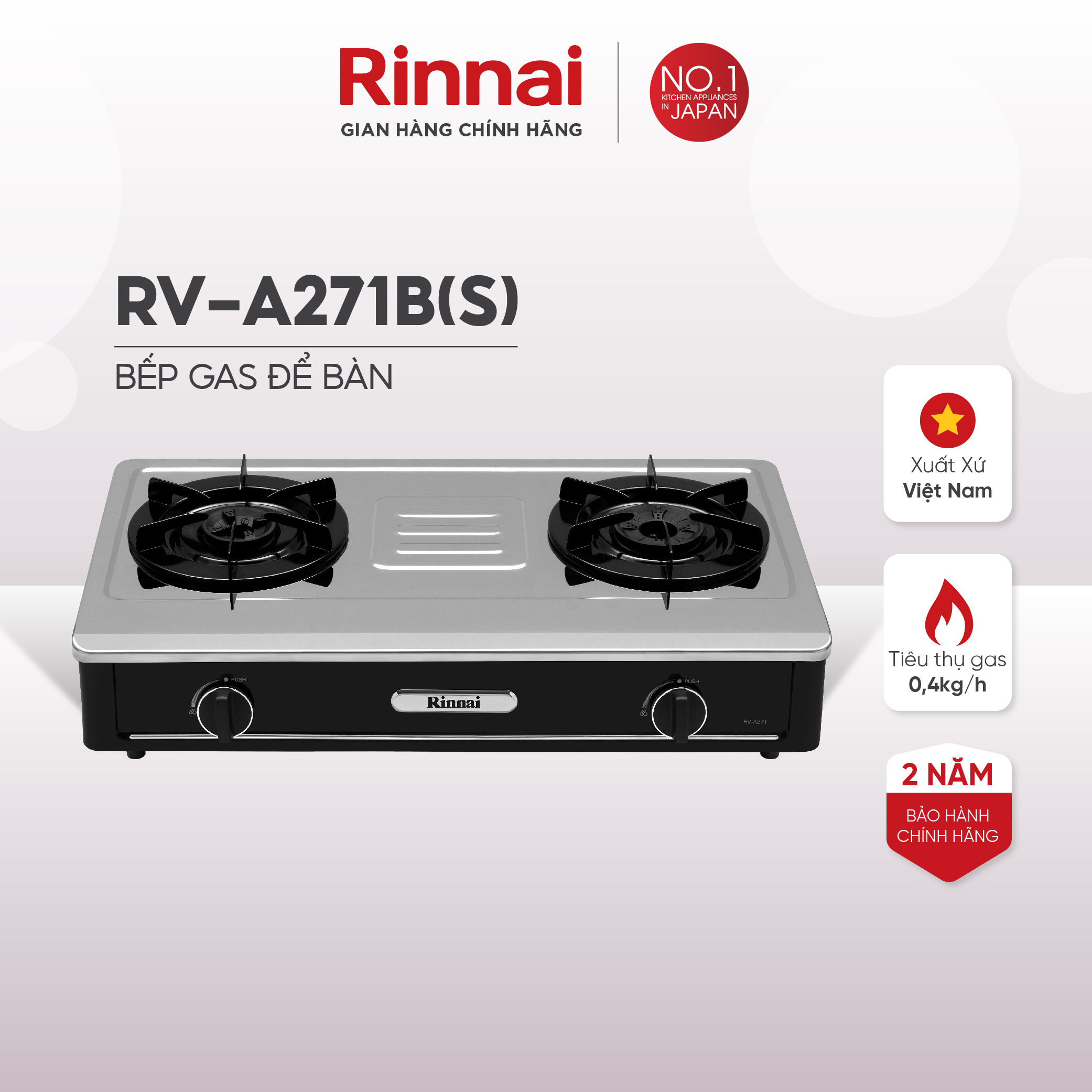 Bếp gas dương Rinnai RV-A271B mặt bếp inox và kiềng bếp men - Hàng chính hãng.