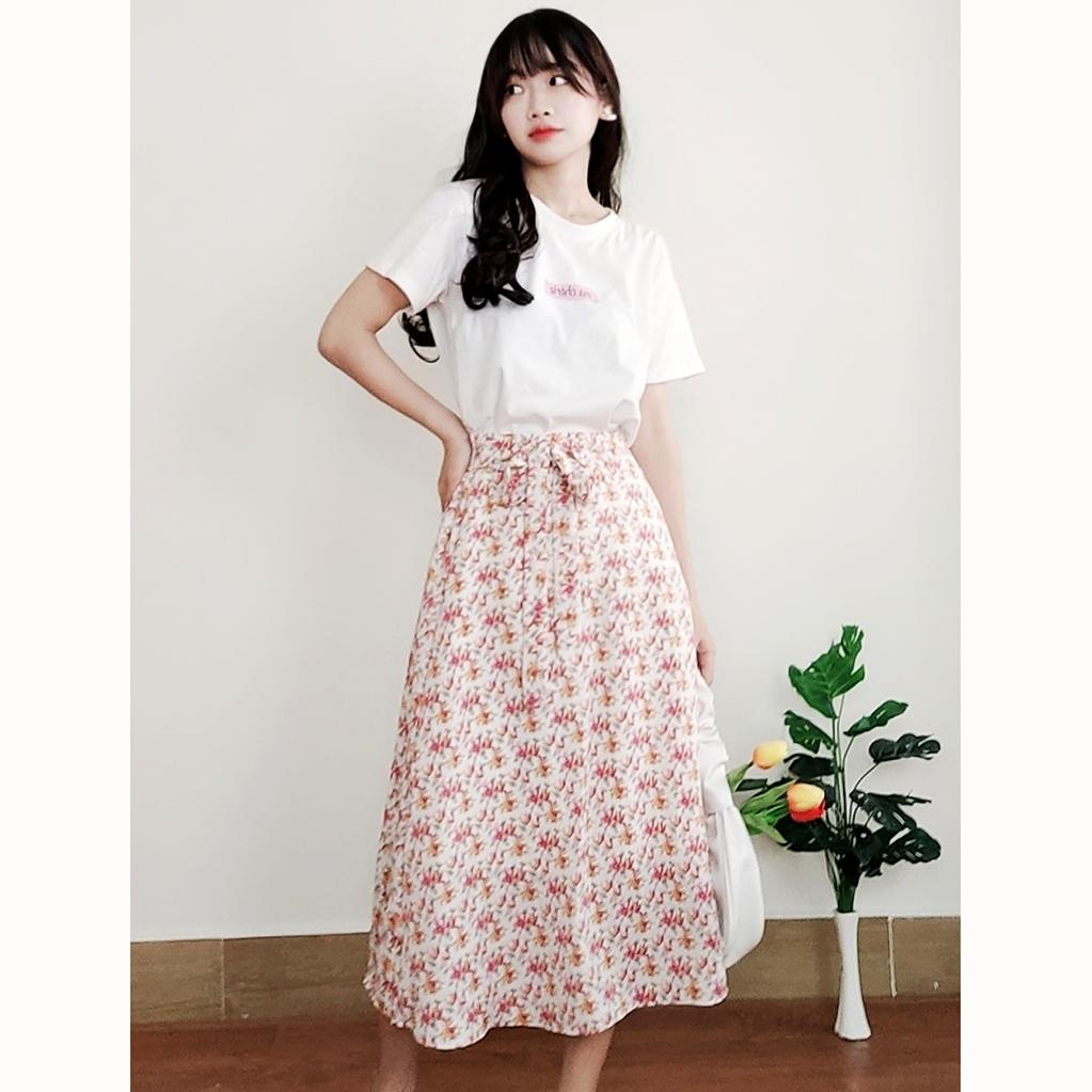 Set chân váy hoa dáng dài nữ tính + áo phông SR005
