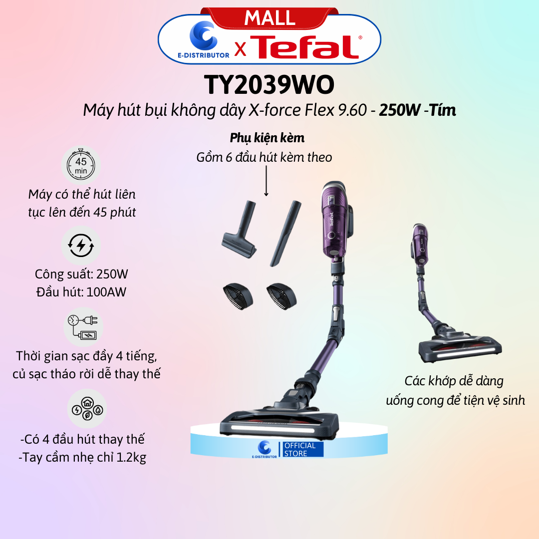 Máy hút bụi không dây X-force Flex 9.60 TY2039WO - Tím - Hàng Chính Hãng - - Công suất: 250W - Đầu hút: 100AW - Thời lượng pin: 45 phút