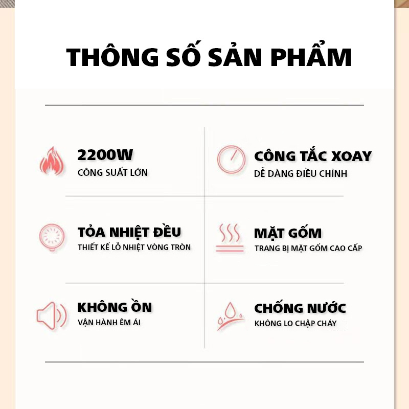 Bếp từ tròn, mặt bếp gốm, chống ồn, làm mát nhanh, nút vặn 8 nấc, chống nước 6D, công suất 2200w