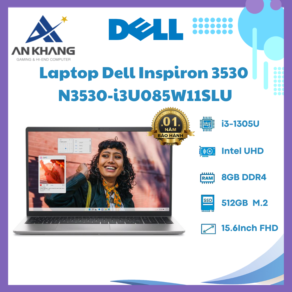 Laptop Dell Inspiron 15 3530 N3530-VGA Intel UHD Graphics(Intel Core i3-1305U | 8GB | 512GB | Intel UHD | 15.6 inch FHD | Win 11 | Office | Bạc) - Hàng Chính Hãng - Bảo Hành 12 Tháng