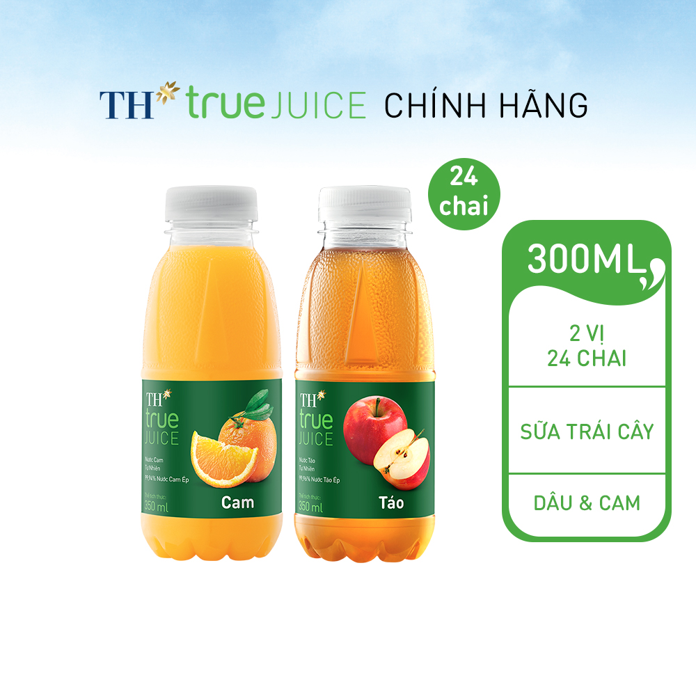 Thùng 12 chai táo tự nhiên &amp; 12 chai nước cam tự nhiên TH True Juice 350ml (350ml x 24 chai)