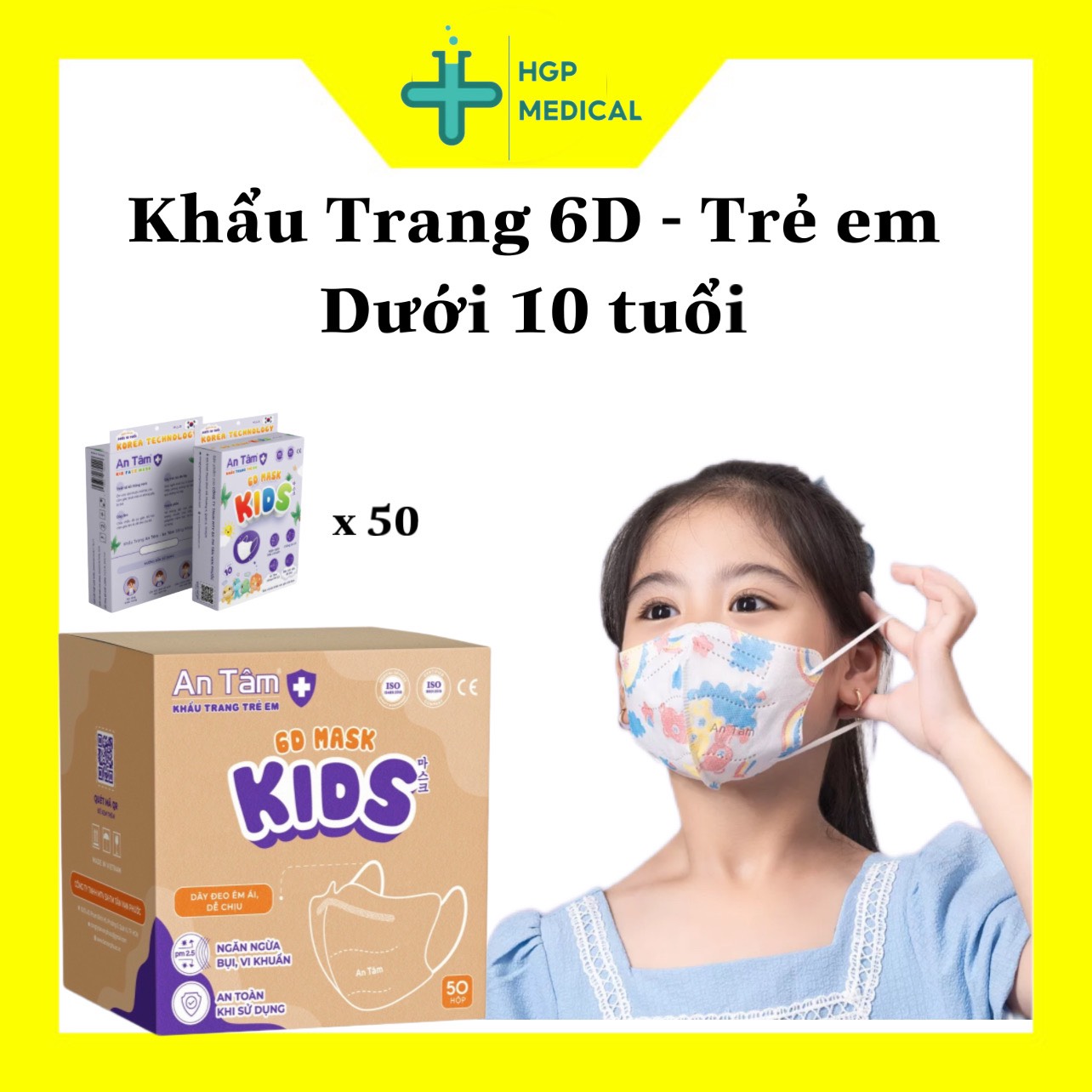 Khẩu trang 6D trẻ em 6D Kids AN TÂM, ngăn COVID-19, kháng khuẩn, BYT Cấp phép