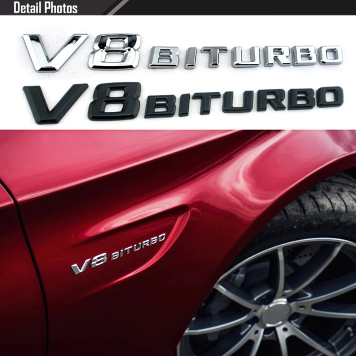 Decal tem chữ V8-Biturbo dán hông xe ô tô - Chất liệu: nhựa ABS cao cấp được mạ Crom - Kích thước: 19x2.3cm - 2 màu: Đen và Bạc