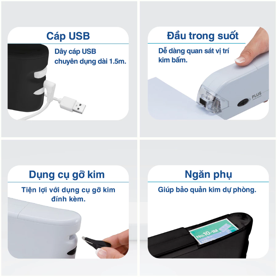 Máy dập ghim tự động Plus - Dập tối đa 20 tờ A4, Dùng ghim bấm số 10 - Sử dụng cáp USB hoặc pin AAA
