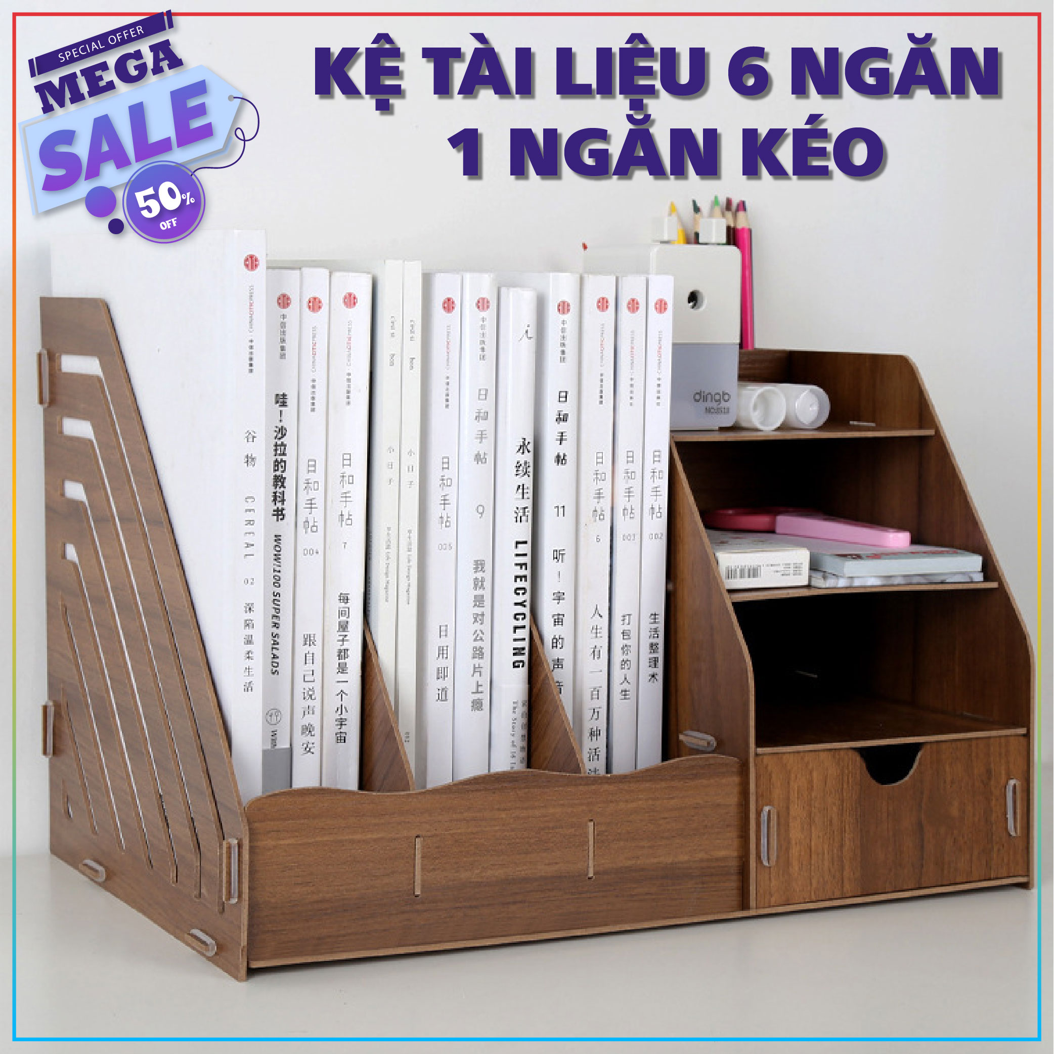 Kệ Sách 6 Ngăn Có Ngăn Kéo, Kệ Để Tài Liệu, Để Đồ Tiện Lợi, Kệ Gỗ Văn Phòng Phẩm