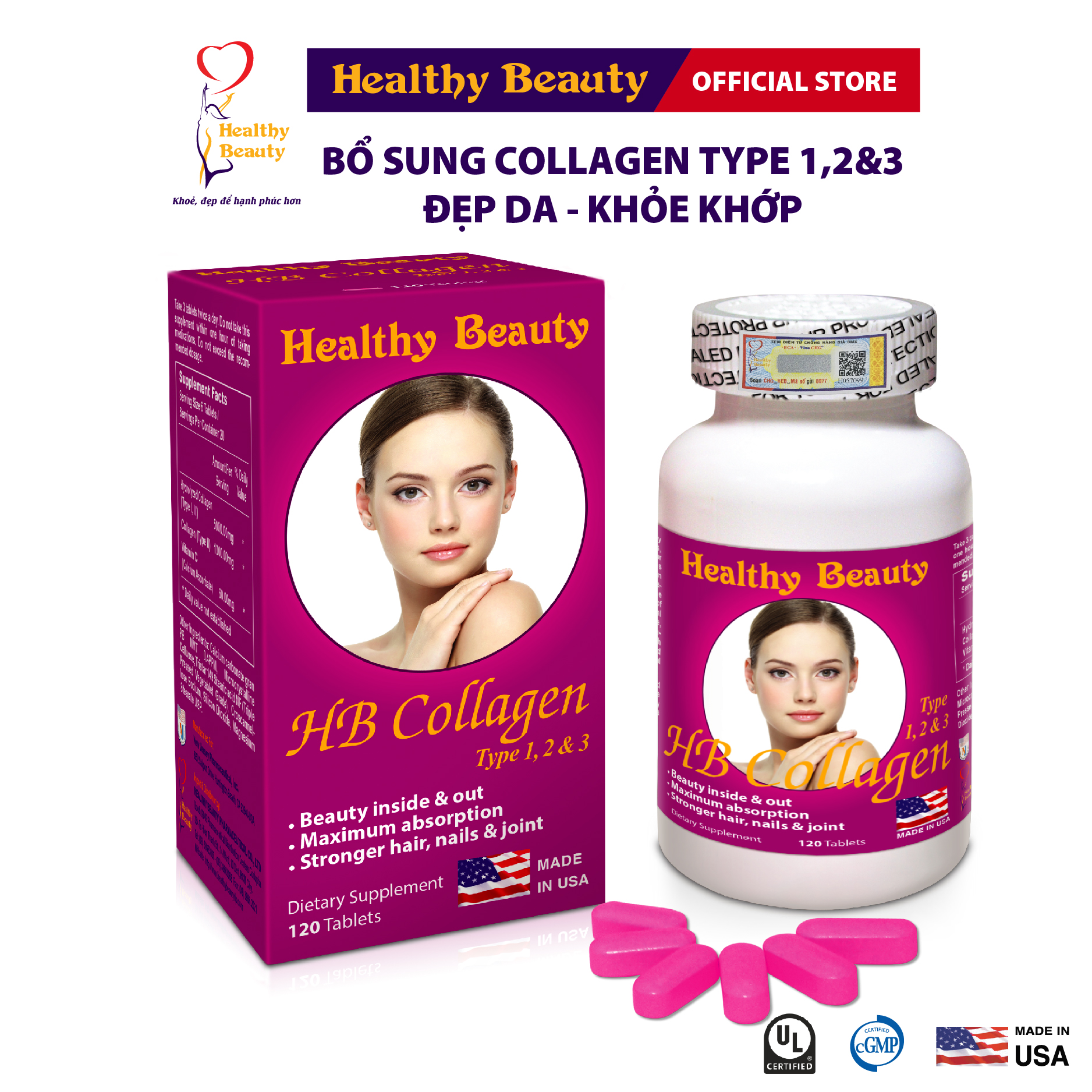 Combo Trẻ Hóa Làn Da Gluta White & HB Collagen Type 1,2,3 Healthy Beauty