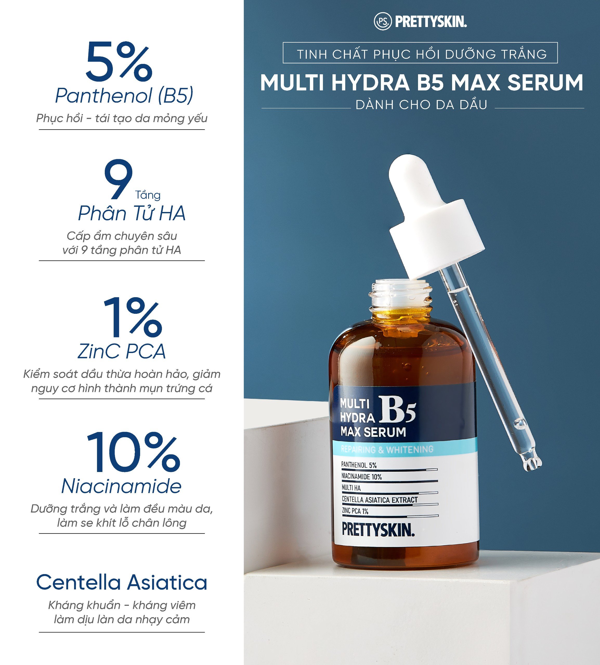Serum B5 Multi Hydra Max Prettyskin giúp phục hồi dưỡng trắng dành cho da dầu mụn, da khô 50ml