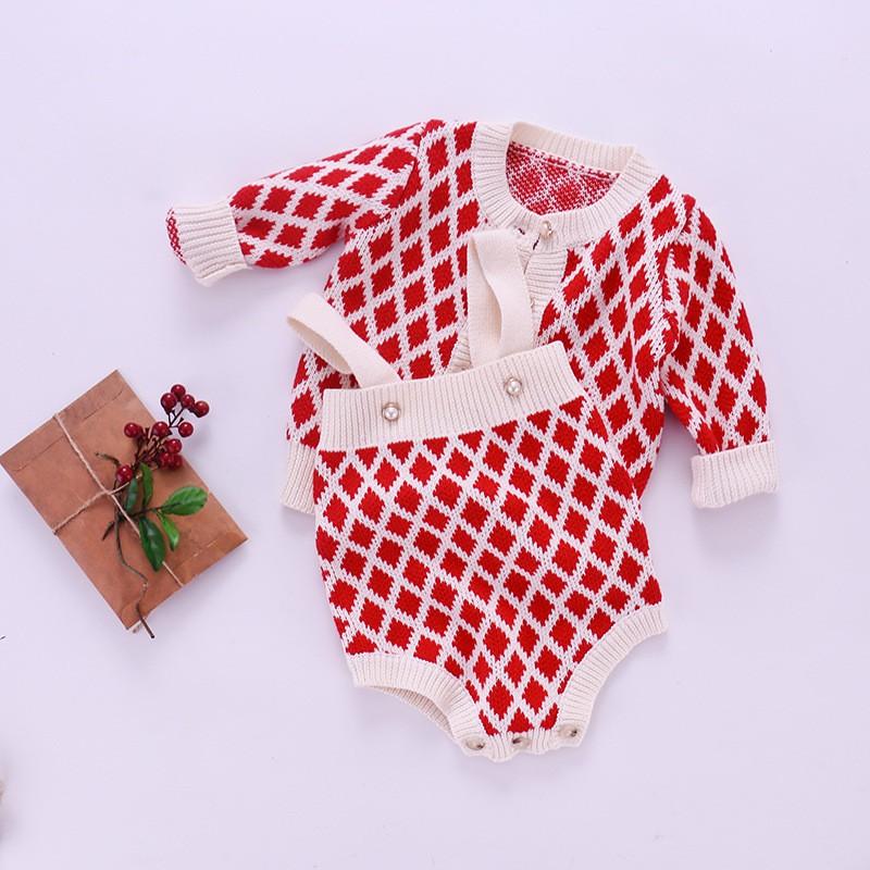 Set áo khoác kèm body len họa tiết trám đỏ mùa Noel cao cấp cho bé 0-24m