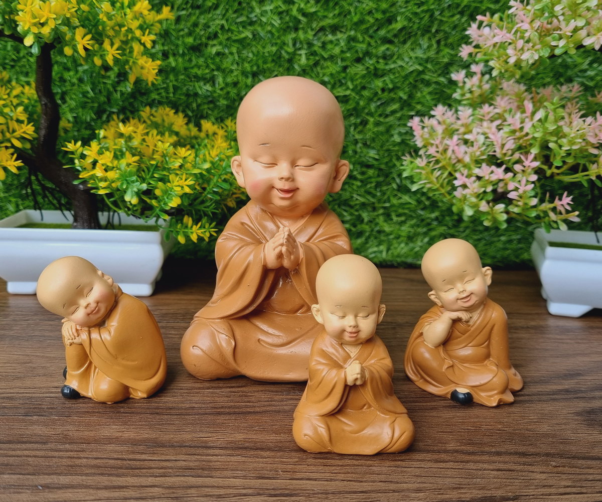 Bộ 03 chú tiểu áo nâu - mẫu ngồi an nhiên size mini 7cm