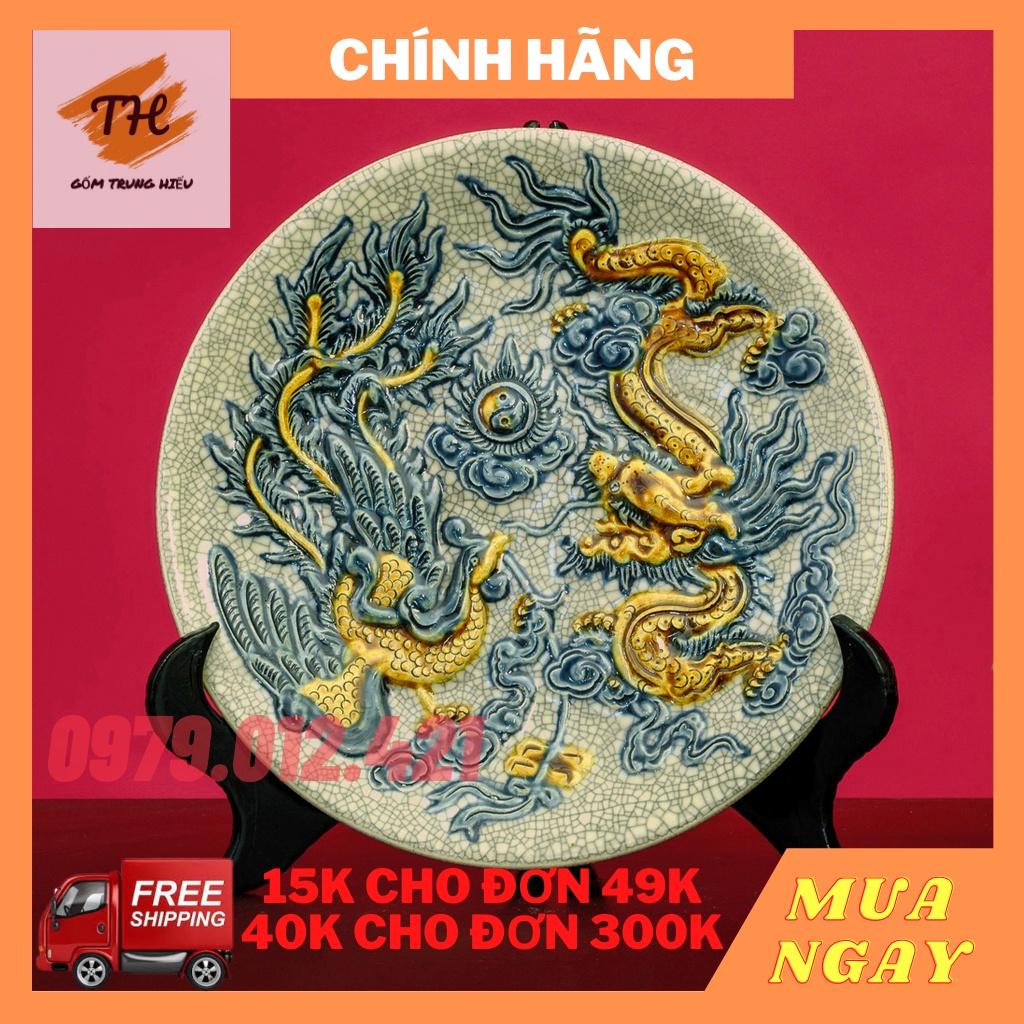 Mâm bồng Bát Tràng men rạn đắp nổi - hoạ tiết Rồng Phượng