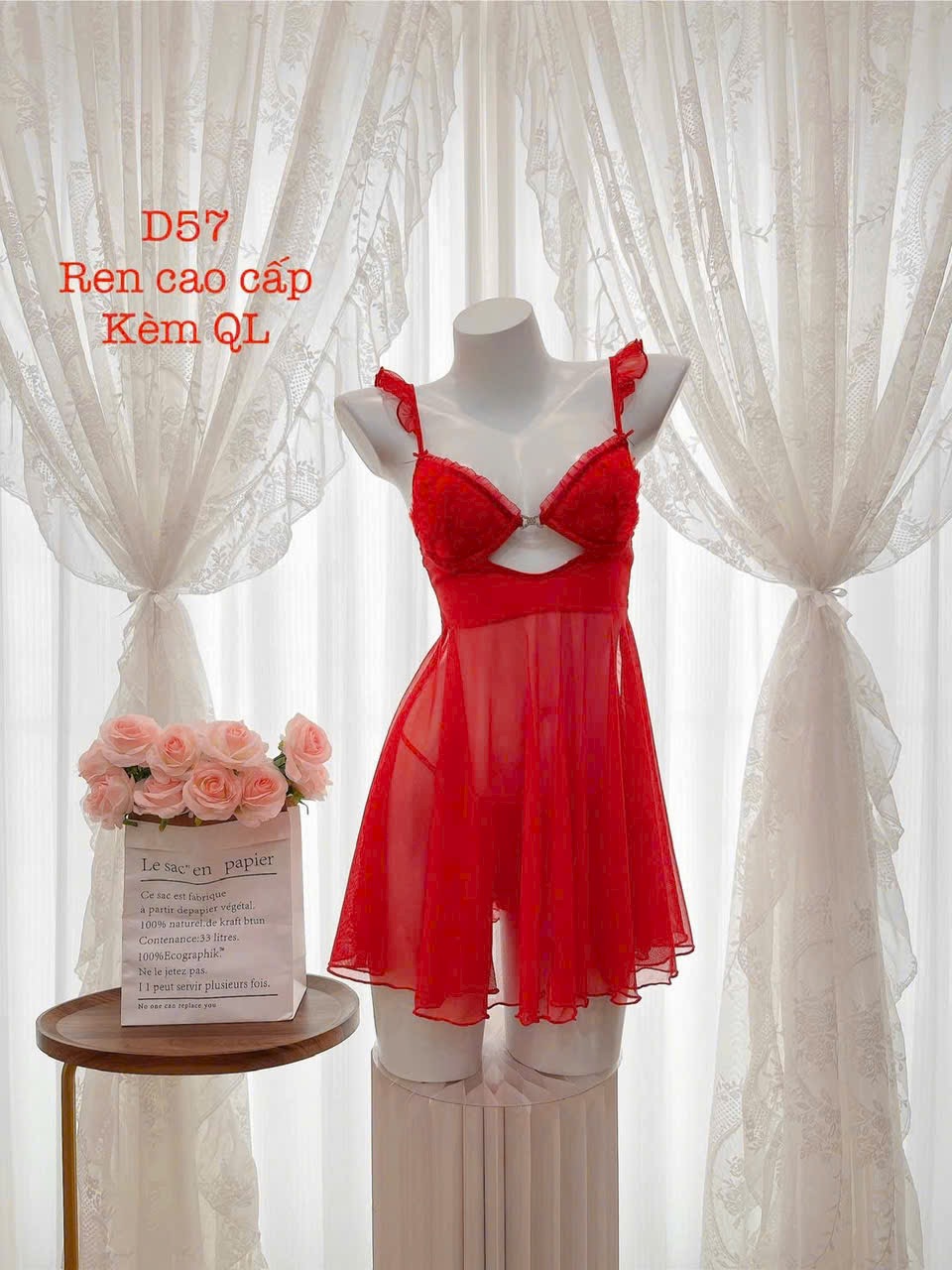 Váy Ngủ D57 Ren Lưới Xuyên Thấu Có Gọng Có Mút Kèm Chip Xinh Xắn