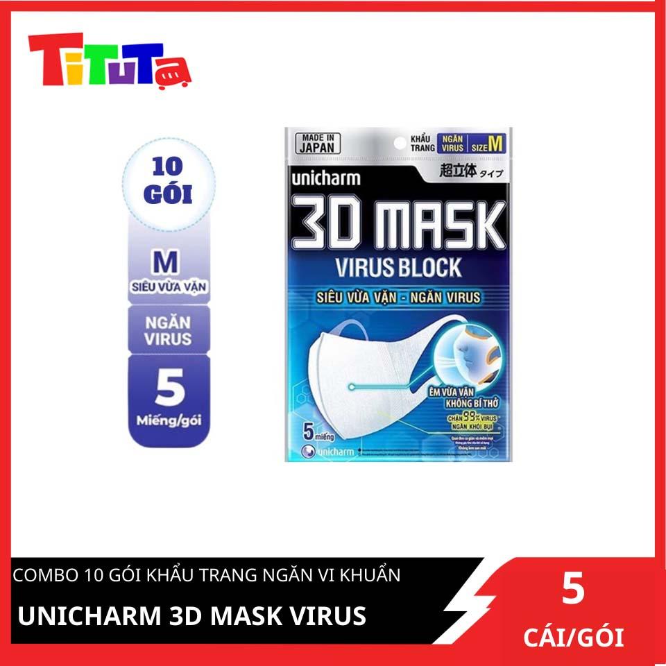 Bộ 10 Gói Khẩu Trang Ngăn Vi Khuẩn Unicharm 3D Mask Virus Block Size M